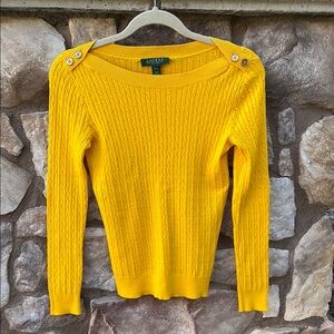 Vintage Ralph Lauren Cable Knit Yellow Sweater Small Gold Buttons Long Sleeve